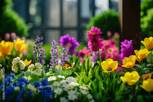 Wallpaper Mural A butterfly sitting on top of a flower bed in front of a building Torontodigital.ca