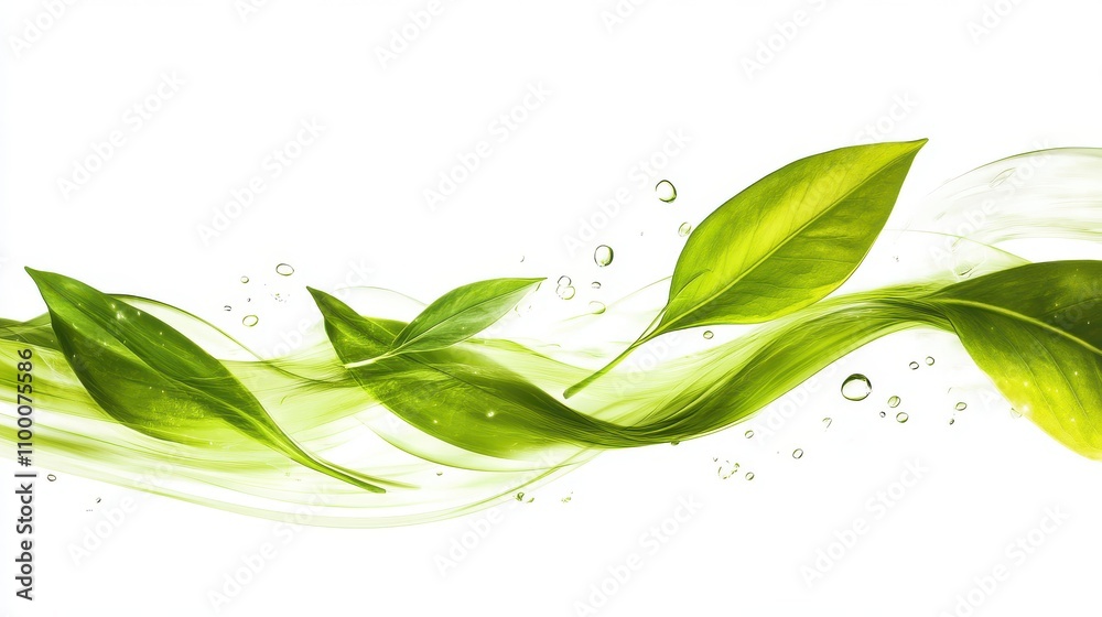 Fototapeta premium Green leaves on a flowing design with white background.