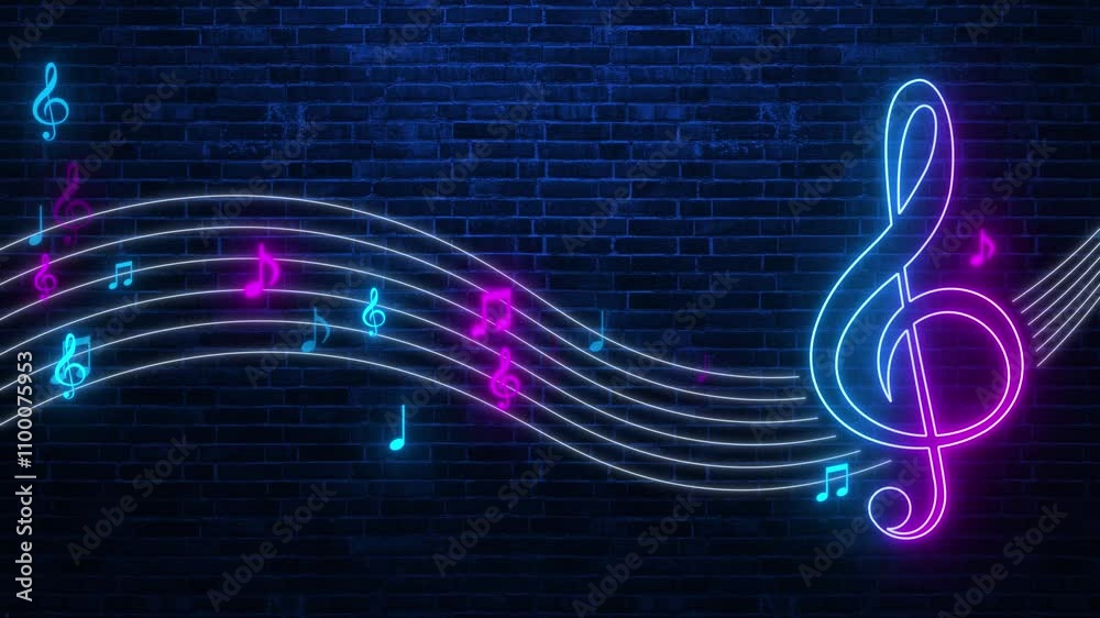 neon musical notes on brick wall animation,neon lights notas colorful live music night and party, bar and concert social media motion background