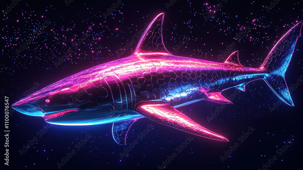 Obraz premium futuristic shark with metallic scales swimming in cosmic environment, showcasing vibrant colors and sleek design, evokes sense of wonder and imagination