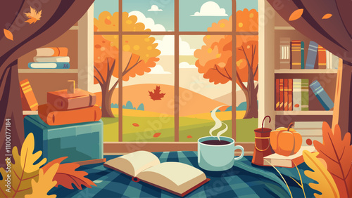 A window with a view of a forest and a cup of coffee