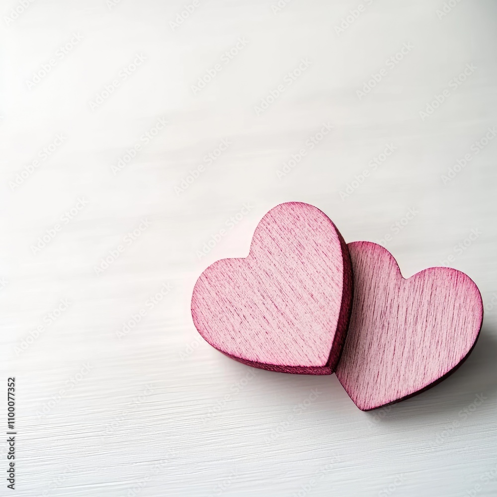 Obraz premium Two Pink Wooden Hearts on White Background, Simple Minimalistic Style, Copy Space for Valentine's Day Concept, Studio Shot, High-Key Lighting, Natural Colors, Blurred Background, Professional Color Gr