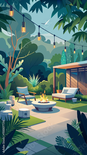 A drawing of a backyard with a fire pit, a patio, and a tree