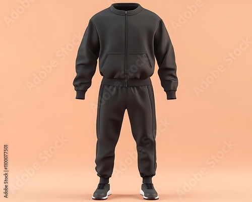 Stylish  of a Men's midnight black sport tracksuit on a peach backdrop