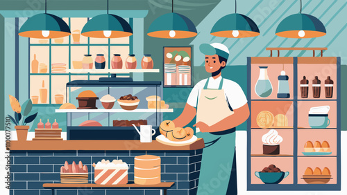 A man is standing in a bakery shop, smiling and holding a plate of pastries