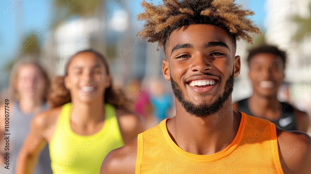 A happy young man in an orange shirt is jogging energetically, exuding positivity and warmth. He is in an urban setting, joined by peers amidst dynamic energy. A happy young man in an orange shirt is jogging energetically, exuding positivity and warmth. He is in an urban setting, joined by peers amidst dynamic energy.
