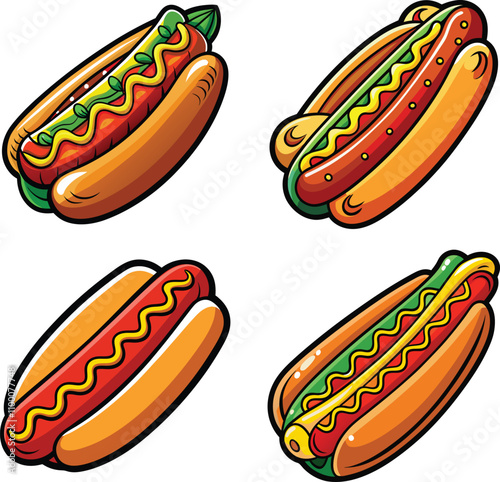 Set of Delicious Hot Dog Clipart Vector with Tasty Toppings Perfect for Menus Blogs and Food Designs