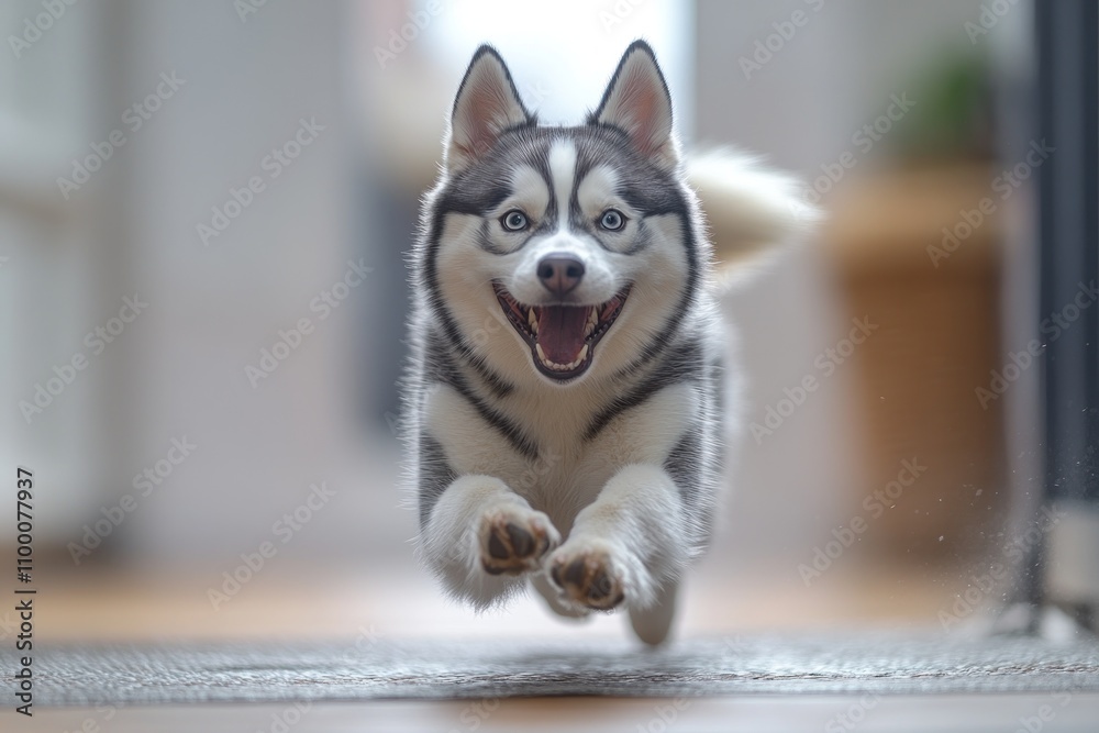 Fototapeta premium Happy husky puppy running indoors.