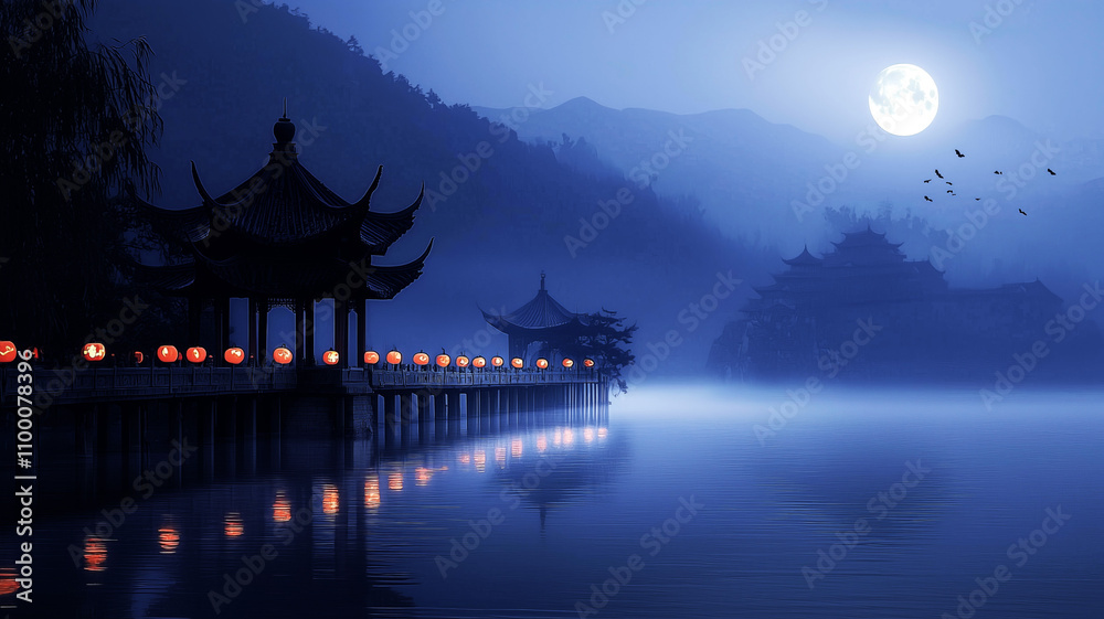 Obraz premium Silhouetted pagoda on a misty lake under a full moon..