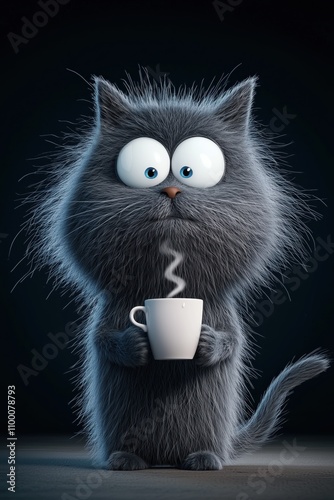 Adorable Gray Cartoon Kitten with Expressive Eyes