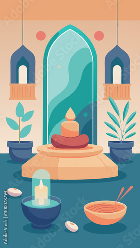 A colorful drawing of a room with a Buddha statue and a candle