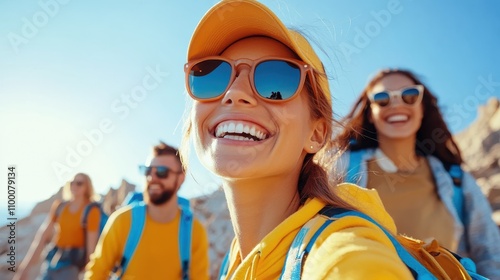 A joyful group of young women wearing sunglasses and yellow clothing are hiking during a sunlit day, embodying vitality, freedom, and the joy of outdoors. photo