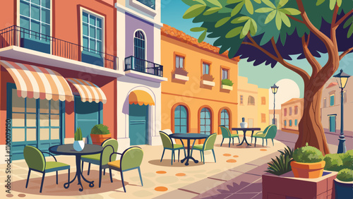A street scene with a cafe and a tree
