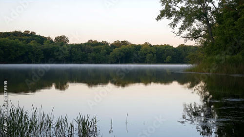 Misty Morning at the Lake: Tranquil Forest Reflection in Calm Waters
