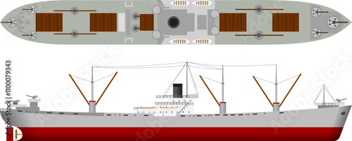 WW2 Cargo Ship. Side and top profile of a mass-produced cargo ship from the second world war. Isolated vector illustration.