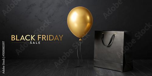 black friday sale background, shopping bag 3d letters and golden balloon