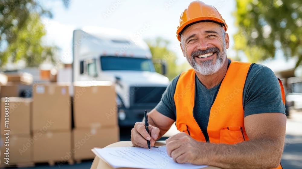 A cheerful middle-aged man in orange safety gear stands in front of a truck, holding a pen over a document, symbolizing job satisfaction and dedication. A cheerful middle-aged man in orange safety gear stands in front of a truck, holding a pen over a document, symbolizing job satisfaction and dedication.