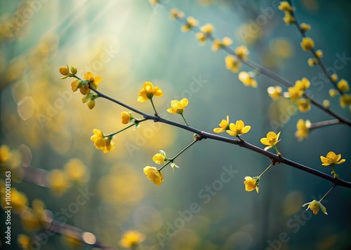 Siberian Peashrub branch with soft-focus yellow flowers captures nature's serenity and simple beauty, embodying minimalist aesthetics and botanical art in elegant outdoor floral composition. photo