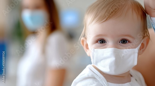 A cute baby wearing a protective face mask sits calmly, conveying a sense of health awareness amidst a background of care and safety measures during uncertain times. photo