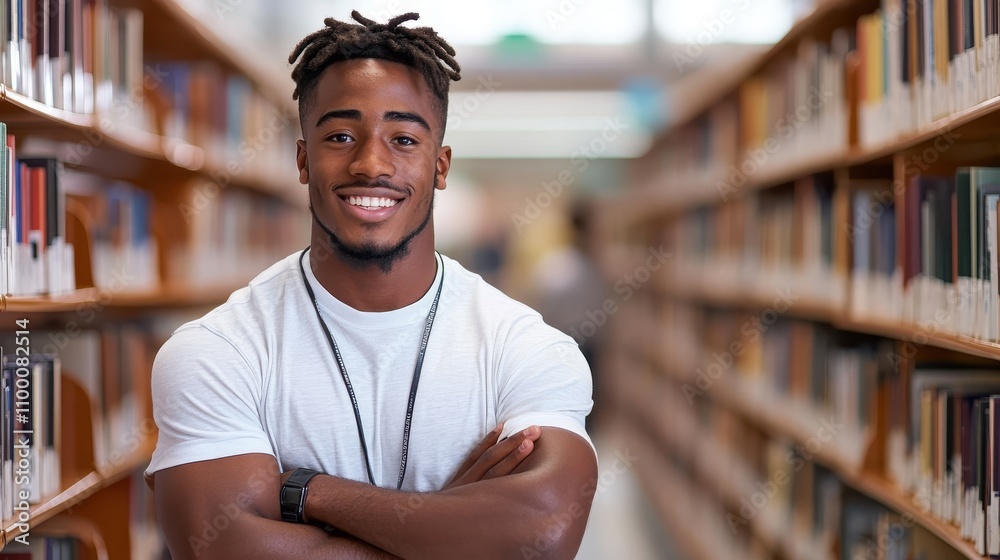 Fototapeta premium A cheerful student, wearing a white shirt with dreadlocks, crosses his arms in a library, representing confidence, knowledge, and the pursuit of education in an inspiring setting.
