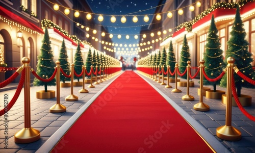 Festive red carpet event with glowing string lights and decorated trees in a charming street photo