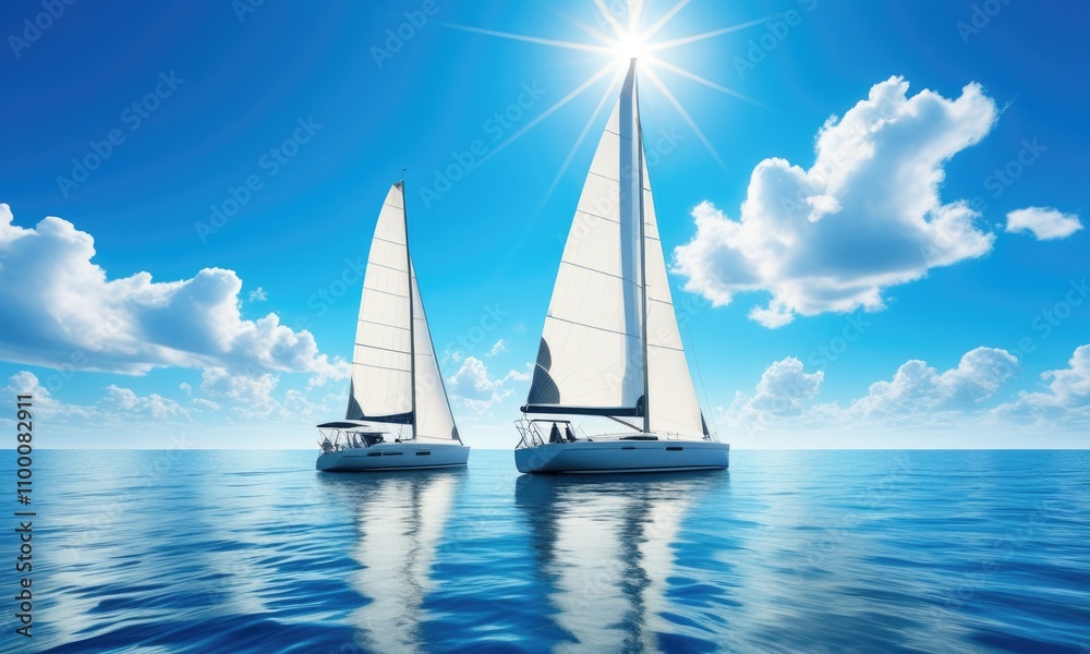 Fototapeta premium Serene sailboats on tranquil blue ocean under a bright sunlit sky