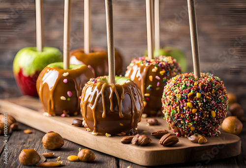 caramel apples with colorful sprinkles arranged on a table photo