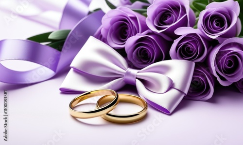 Elegant wedding theme with purple roses, satin ribbon, bow tie, and gold rings