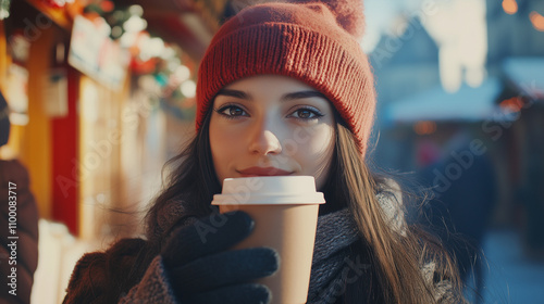 Portrait of beautiful woman in warm winter clothes at christmas market drinking hot drink. Christmas holidays concept. photo