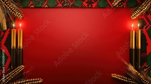 Vibrant Kwanzaa Frame with Kinara Candles and Kente Cloth Patterns: 3D Render on Red, Black, and Green Background with Gold Elements and Mkeka Mat Textures in 8K Quality. photo