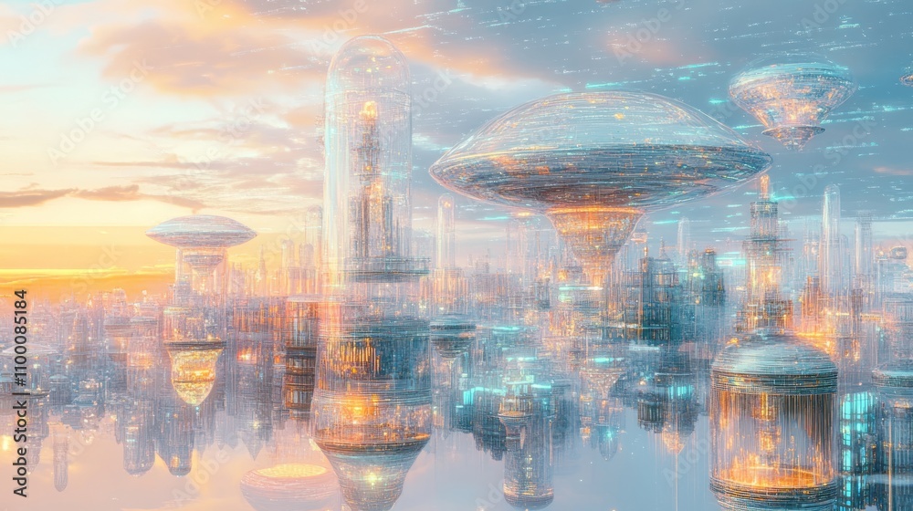 Obraz premium Futuristic city skyline at sunset, reflecting on water, with transparent domes and flying vehicles.
