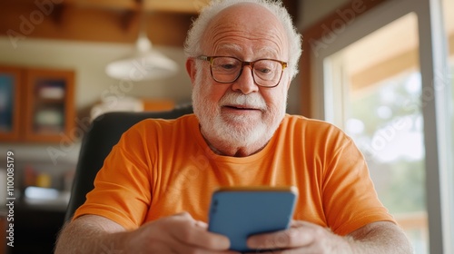 A senior man with a white beard, wearing an orange shirt, attentively using his smartphone indoors, conveying focus, adaptability, and tech familiarity in his space.