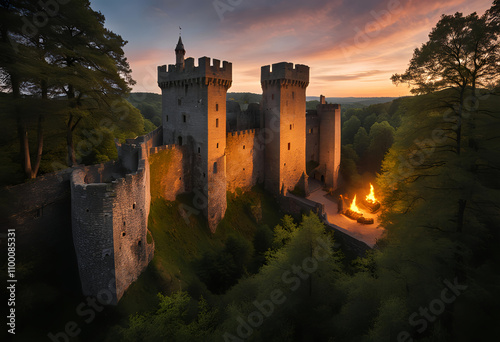 majestic castle glowing at dusk surrounded by trees photo