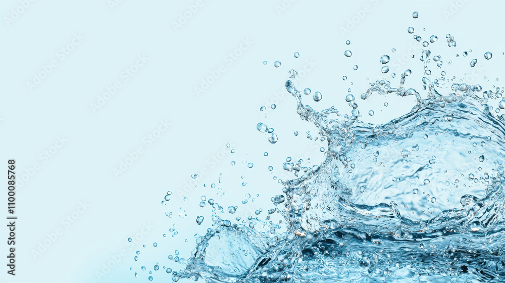 Fresh water splash on light blue background, showcasing droplets and waves. This captures beauty and fluidity of water in motion, evoking sense of tranquility and freshness