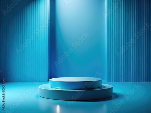 Sleek blue podium on a minimalist stage, perfect for modern product presentations with an abstract background. Ideal for marketing, advertising, and brand promotion showcases.