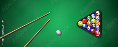 Billiard balls and cues on table with green cloth. Pool table top view. Vector illustration.
