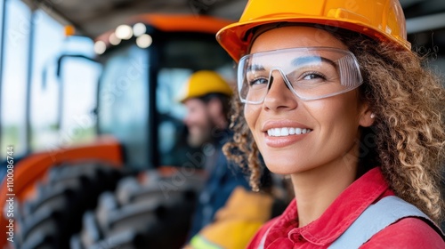 A confident woman in a red hard hat and safety glasses, standing in front of heavy machinery, smiles brightly, showcasing modern industrial workforce vitality. photo