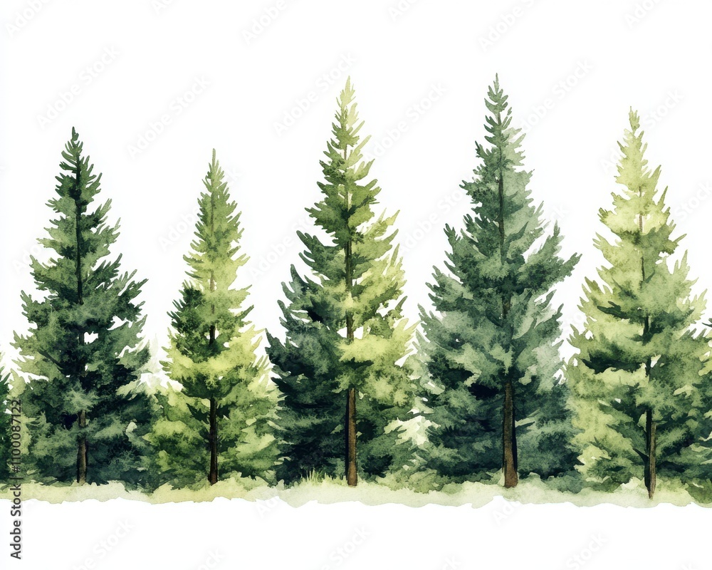 Obraz premium Colorful watercolor painting of tall evergreen trees on white background.