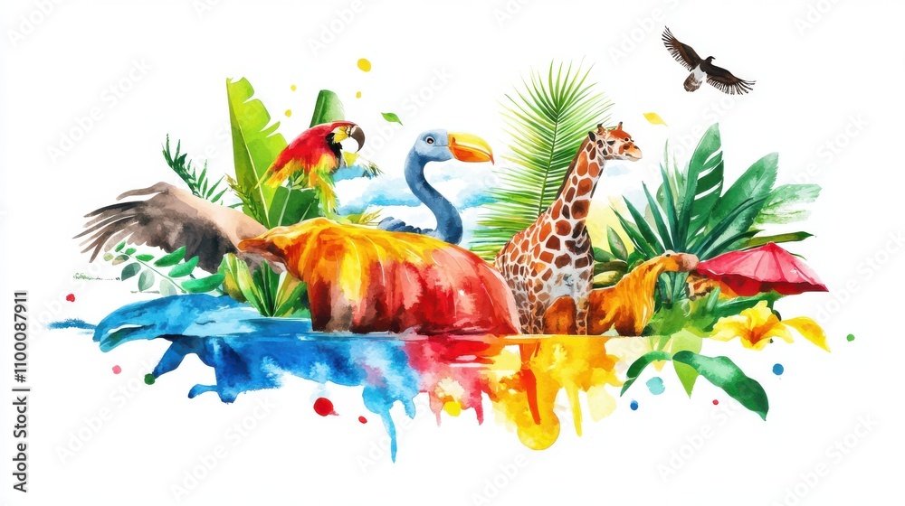 Obraz premium Colorful watercolor illustration of exotic animals amidst vibrant foliage.
