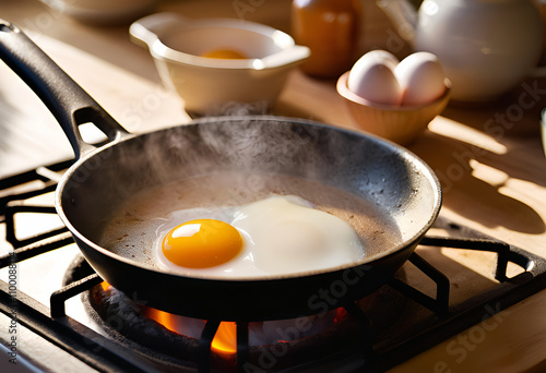 kitchen scene with a frying egg in a rustic skillet photo