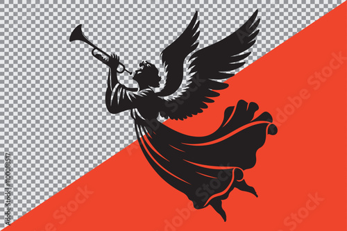 A black silhouette of an angel playing a trumpet.