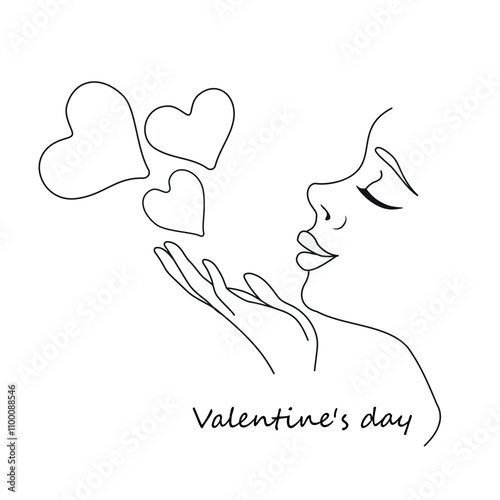 Valentine's day. An air kiss from a girl. The woman blows on her palm, from which the hearts fly off. A Valentine with a declaration of love