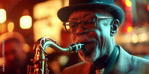 senior african american musician plays  saxophone in dimly lit jazz club. image captures the atmosphere of live music.  for websites, articles, or advertisements related to music, nightlife,  photo