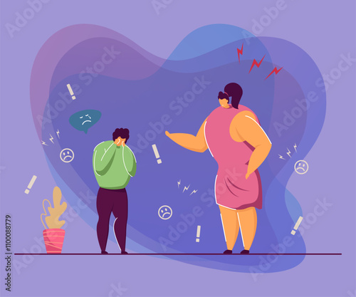Angry mother reproaching naughty son. Flat vector illustration. Strict woman punishing, rebuking upset, crying child. Parenthood, family, quarrel, argument, education, conflict concept for design