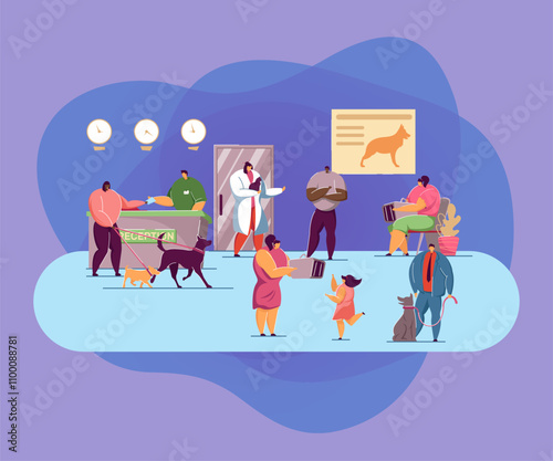 Animal clinic with pets and visitors flat vector illustration. Veterinary hospital interior with doctors and patients caring about dogs and cats. Animal, pets, medical care, veterinary concept