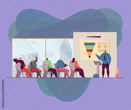 Business people listening to speaker at seminar. Flat vector illustration. Group of men and women sitting office at mentor lecture and learning. Presentation, business, education, office concept