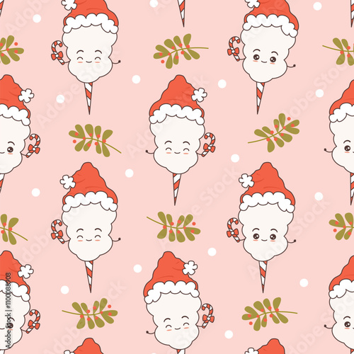 cute hand drawn cartoon character cotton candy with santa claus hat and candy cane funny christmas holiday seamless vector pattern background illustration with mistletoe and snow