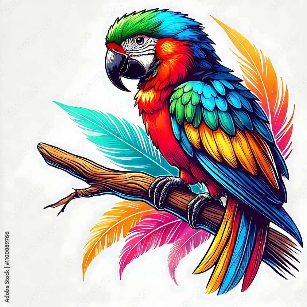 Obraz premium Colorful parrot perched on a branch with feathers.