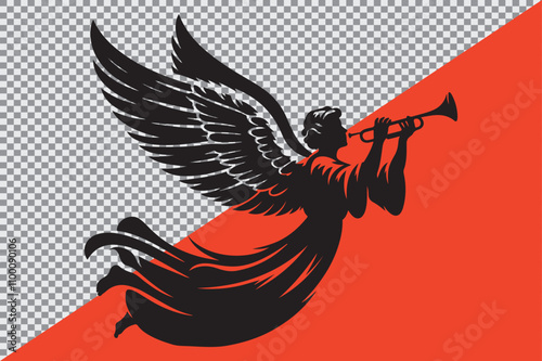 A black silhouette of an angel playing a trumpet.