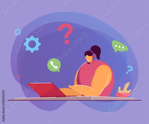 Call center administrator. Flat vector illustration. Female operator providing technical support to customers, answering hotline calls with laptop, headphones. Service, help, management concept